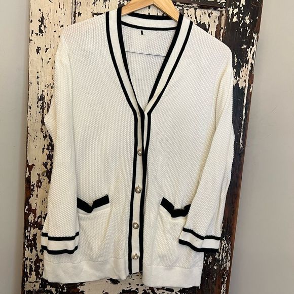 Women’s Who What Wear Pearl Button long dressy cardigan w contrast detail. - Picture 1 of 8